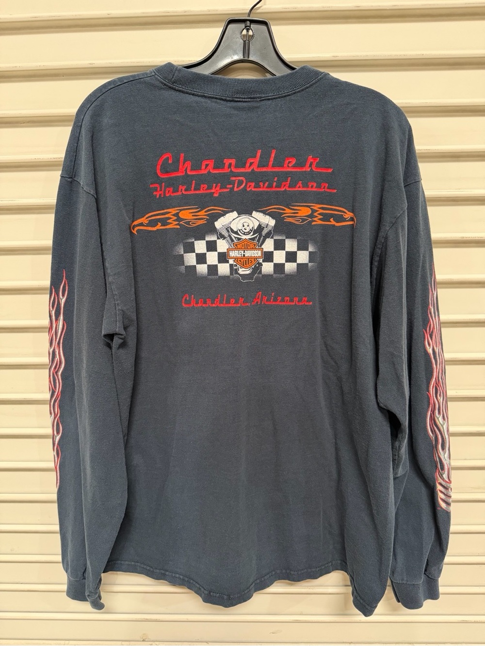 Harley-Davidson Charcoal Long Sleeve Tee with Red Script & Orange Flame Graphics